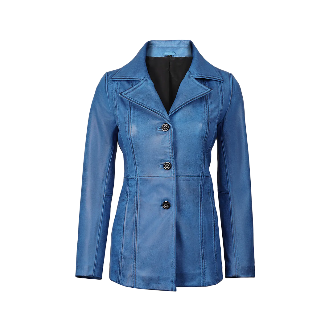 Katie Women's Blue Leather 3/4 Length Car Coat