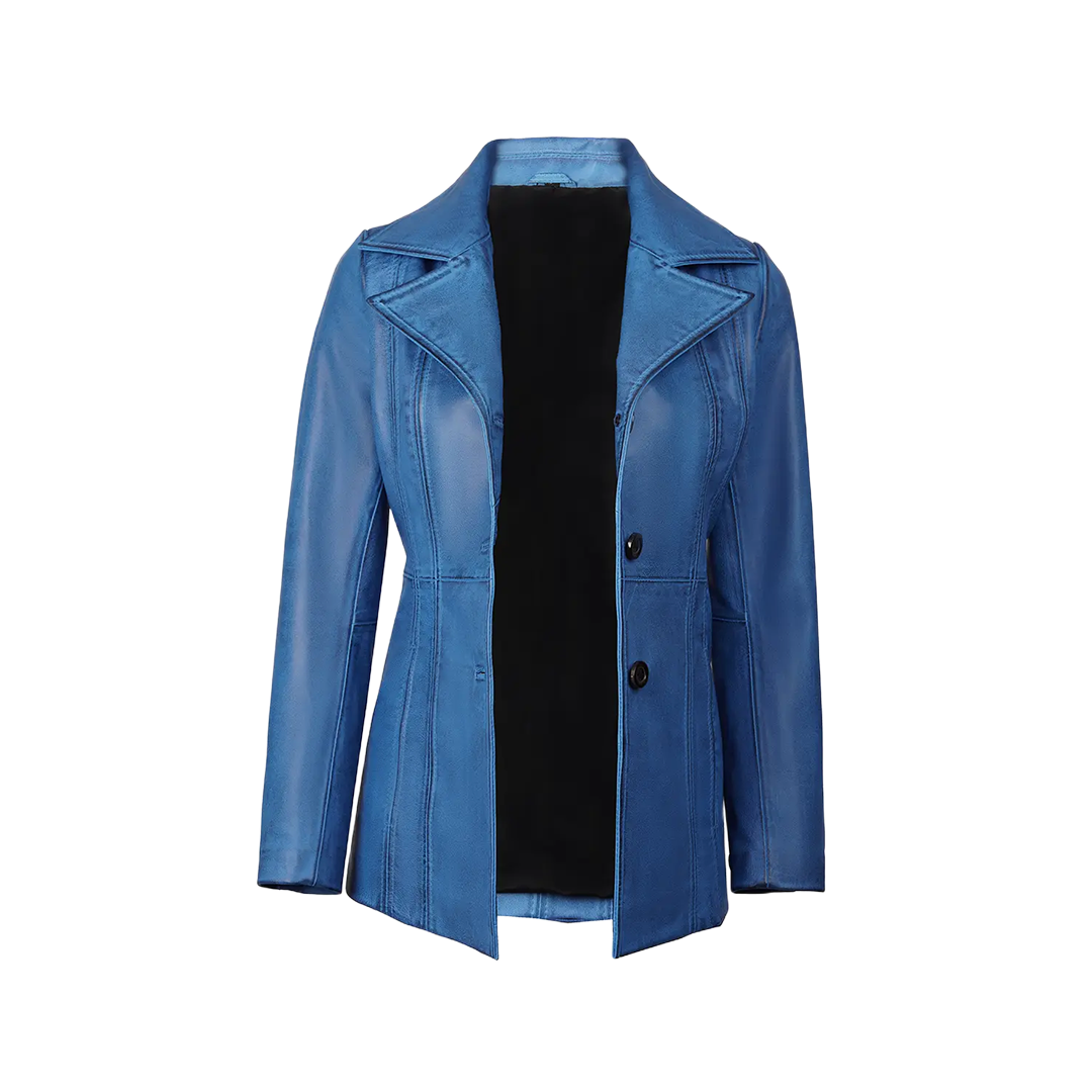 Katie Women's Blue Leather 3/4 Length Car Coat