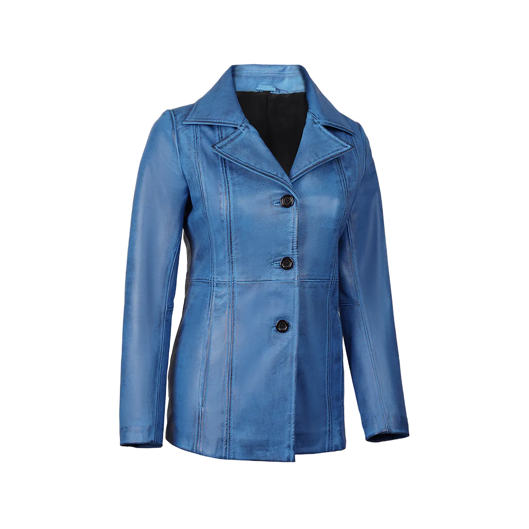 Katie Women's Blue Leather 3/4 Length Car Coat