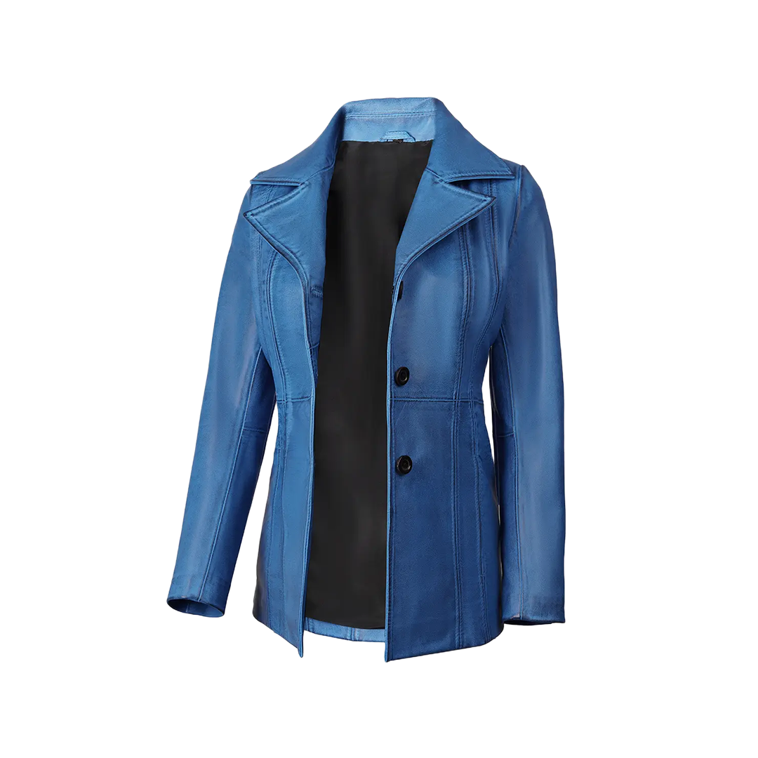 Katie Women's Blue Leather 3/4 Length Car Coat