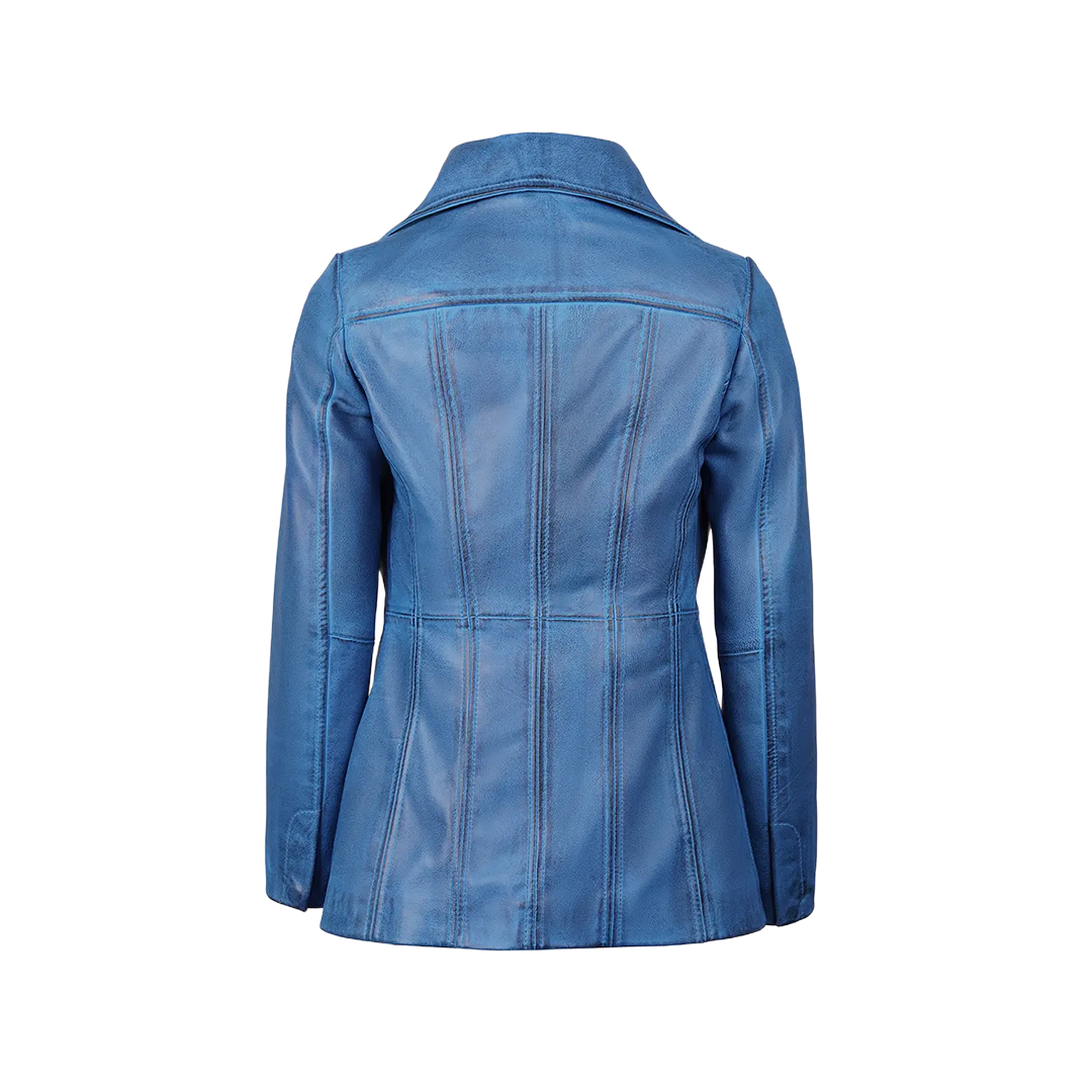 Katie Women's Blue Leather 3/4 Length Car Coat