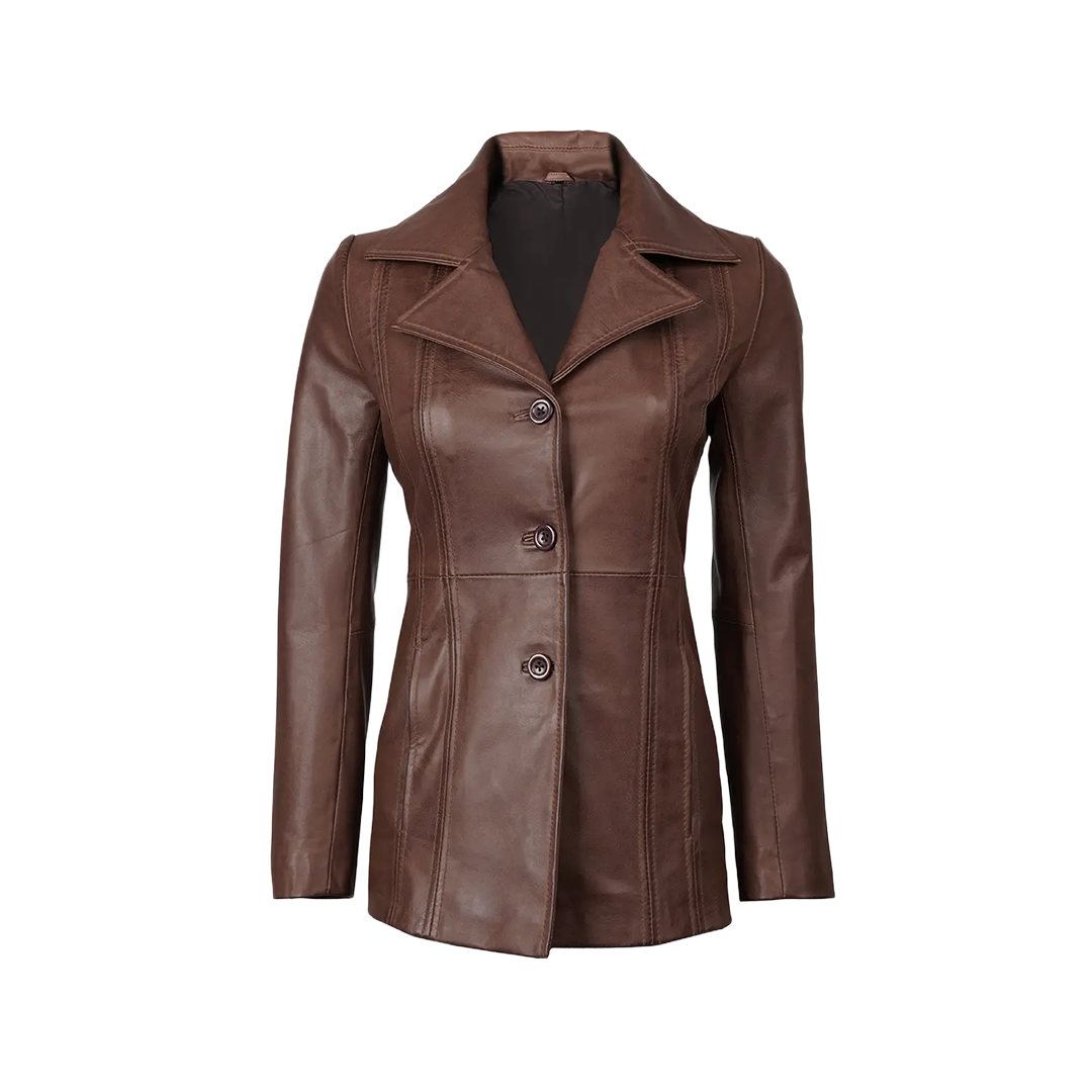 Katie Women's Dark Brown Leather 3/4 Length Car Coat