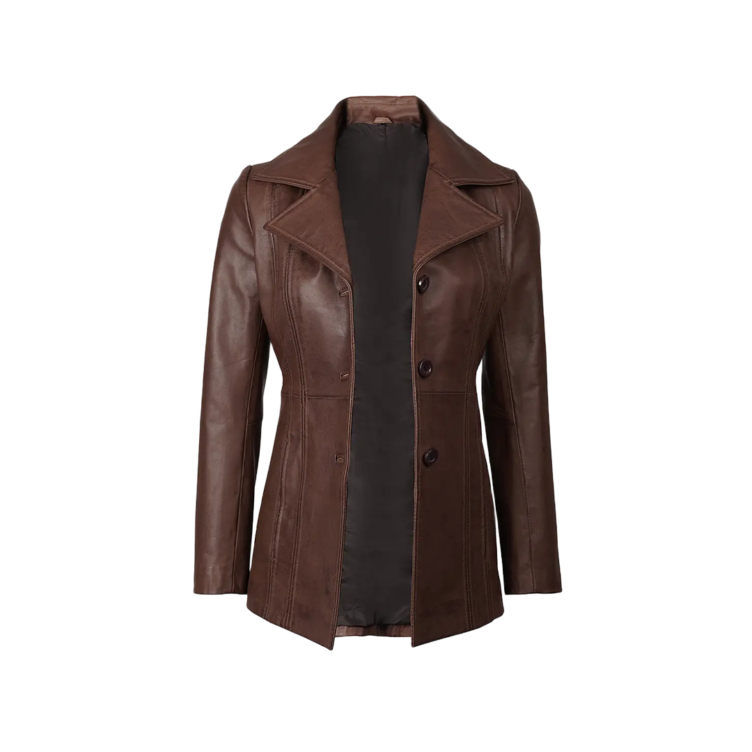 Katie Women's Dark Brown Leather 3/4 Length Car Coat