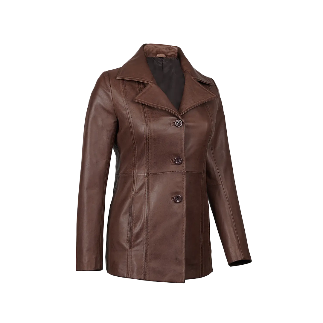 Katie Women's Dark Brown Leather 3/4 Length Car Coat