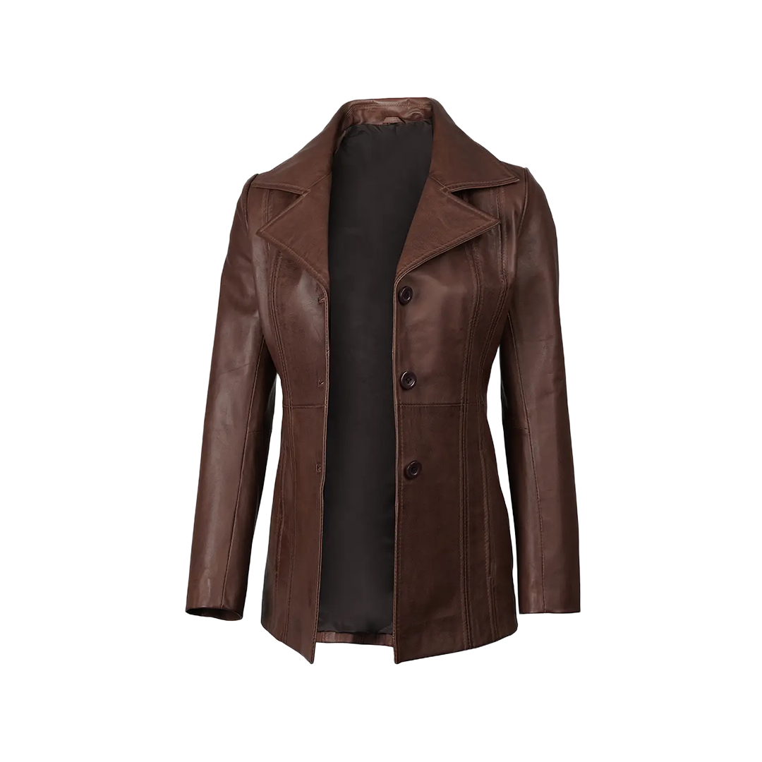 Katie Women's Dark Brown Leather 3/4 Length Car Coat