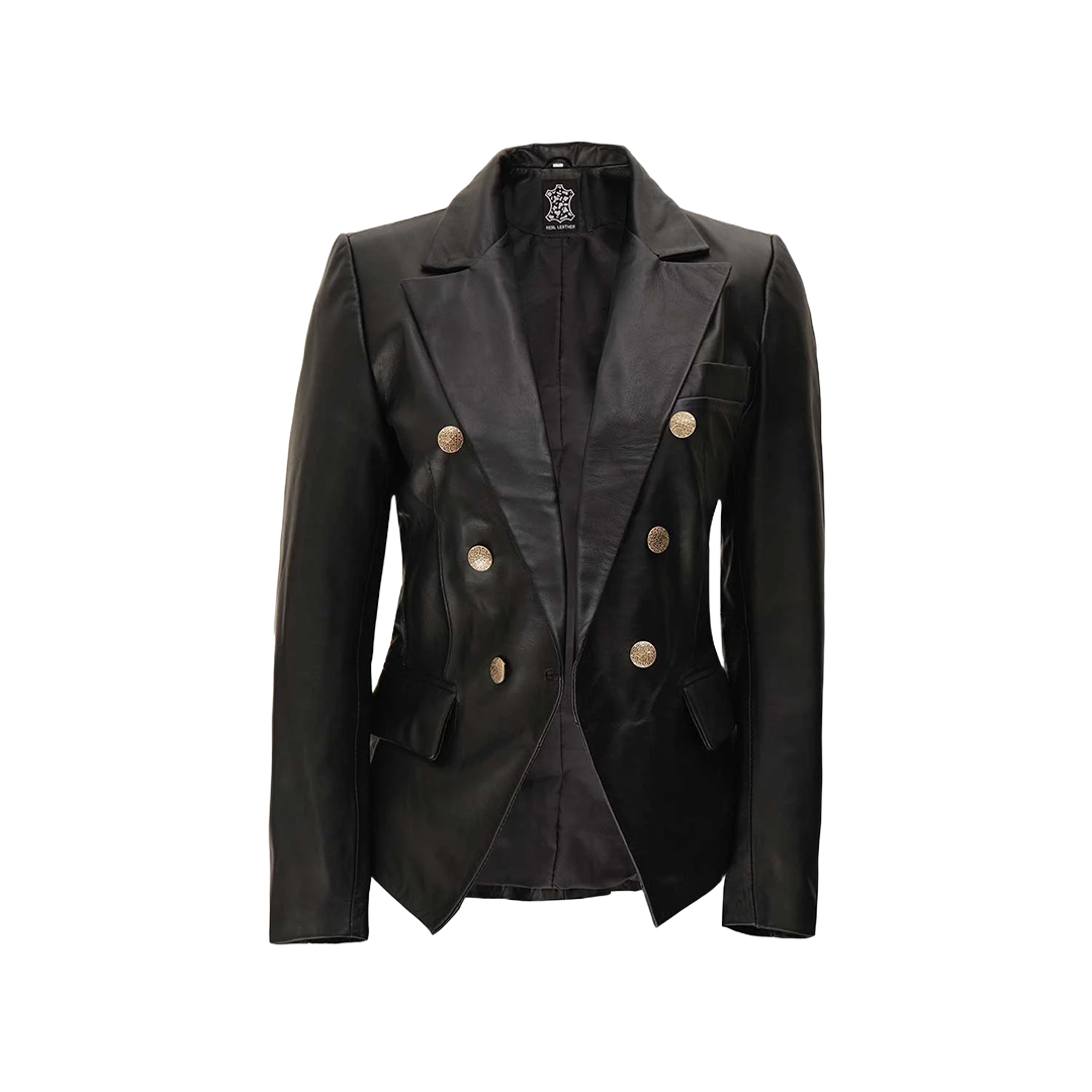 Kim Women’s Black Double-Breasted Lambskin Leather Blazer