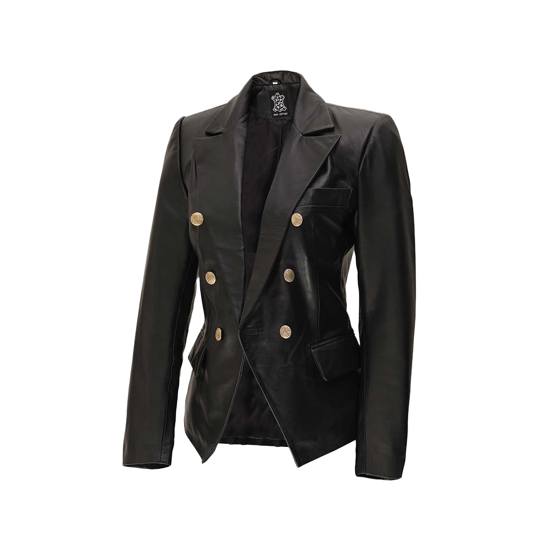 Kim Women’s Black Double-Breasted Lambskin Leather Blazer