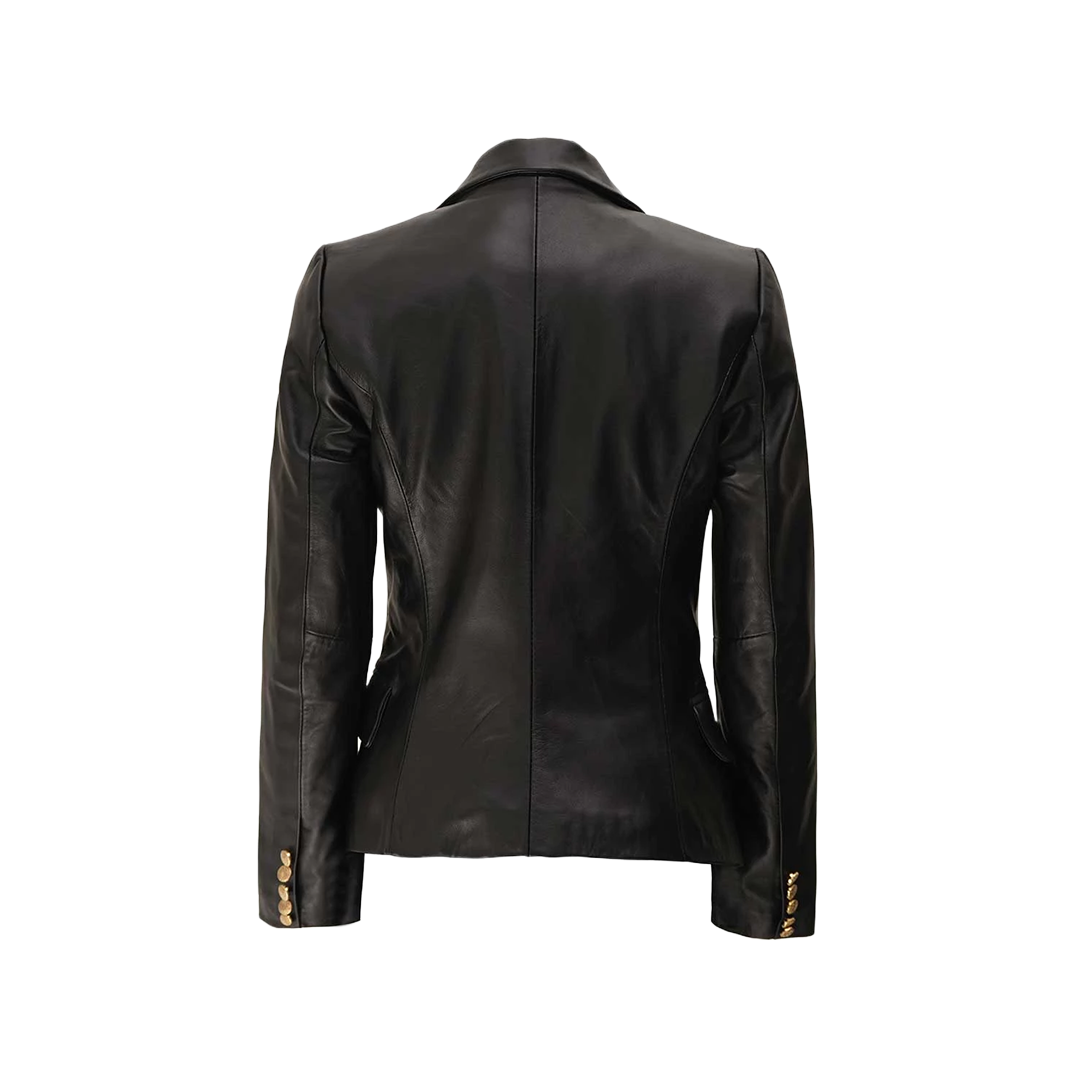 Kim Women’s Black Double-Breasted Lambskin Leather Blazer