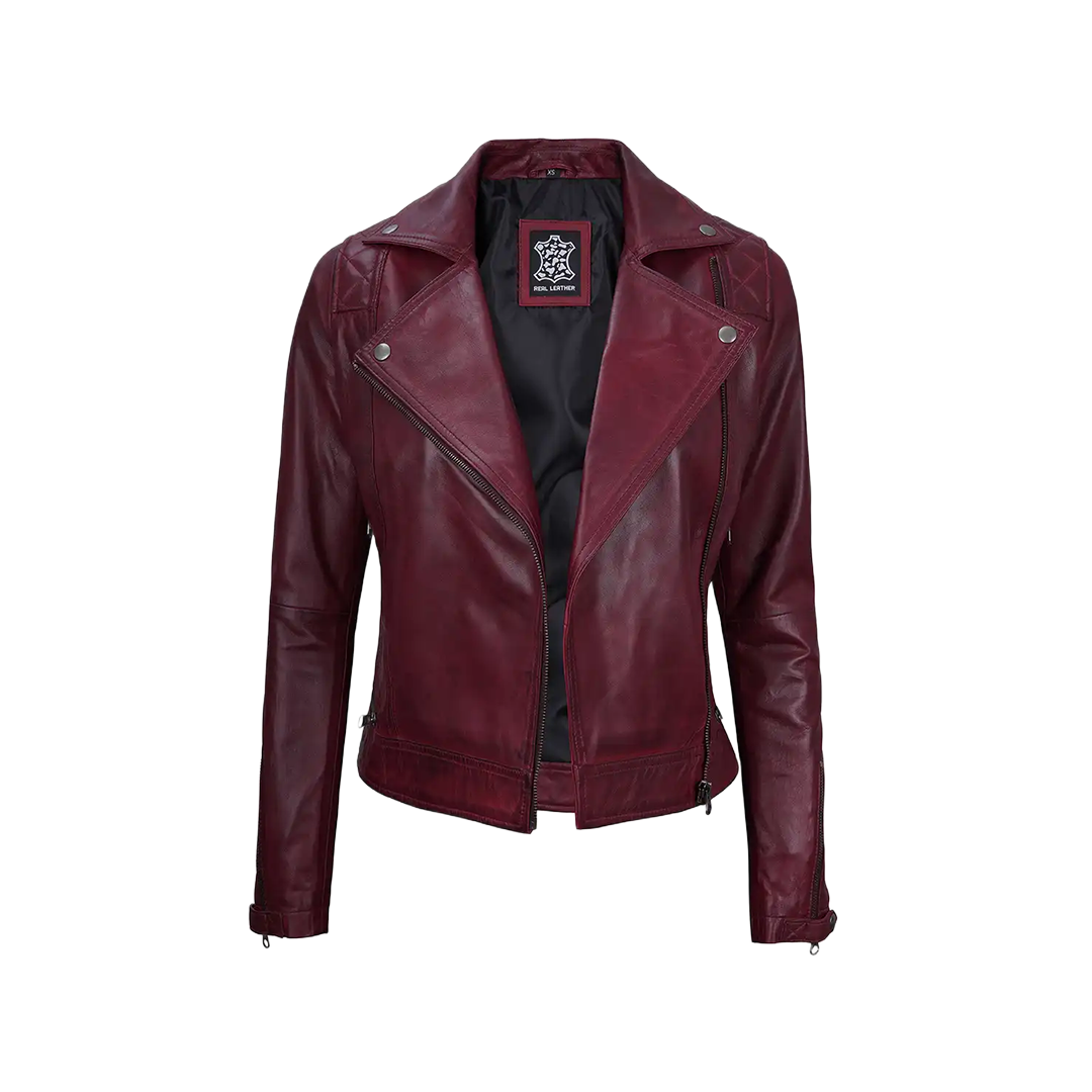Kimberley Leather Motorcycle Burgundy Jacket for Women