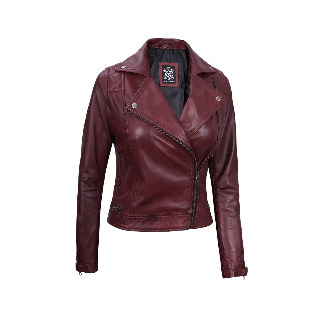 Kimberley Leather Motorcycle Burgundy Jacket for Women