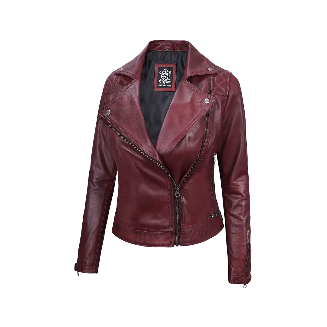 Kimberley Leather Motorcycle Burgundy Jacket for Women
