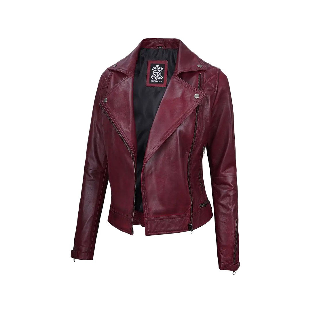 Kimberley Leather Motorcycle Burgundy Jacket for Women