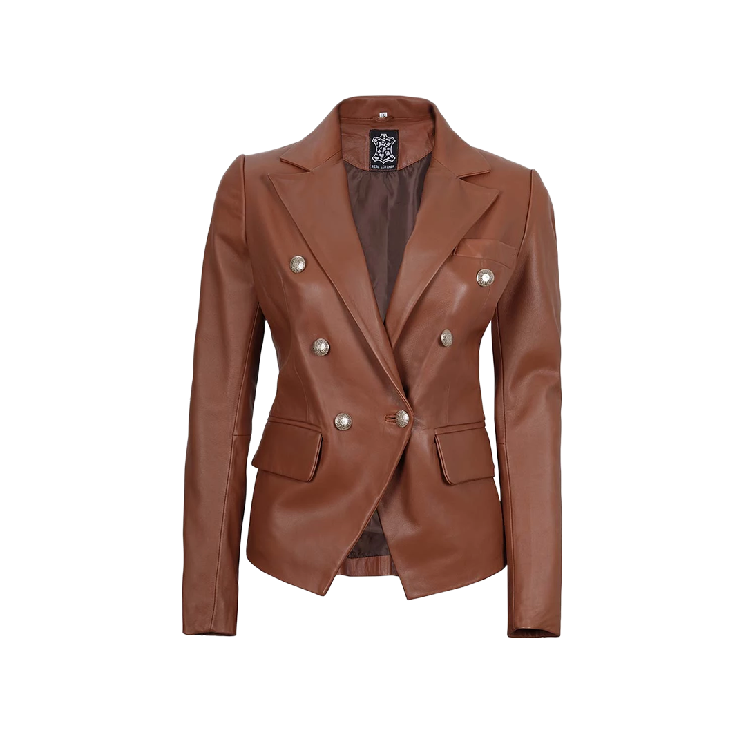Kinley Women's Double Breasted Brown Leather Blazer Jacket
