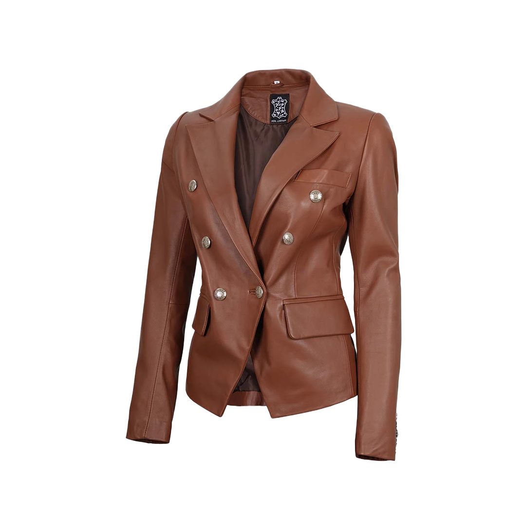 Kinley Women's Double Breasted Brown Leather Blazer Jacket