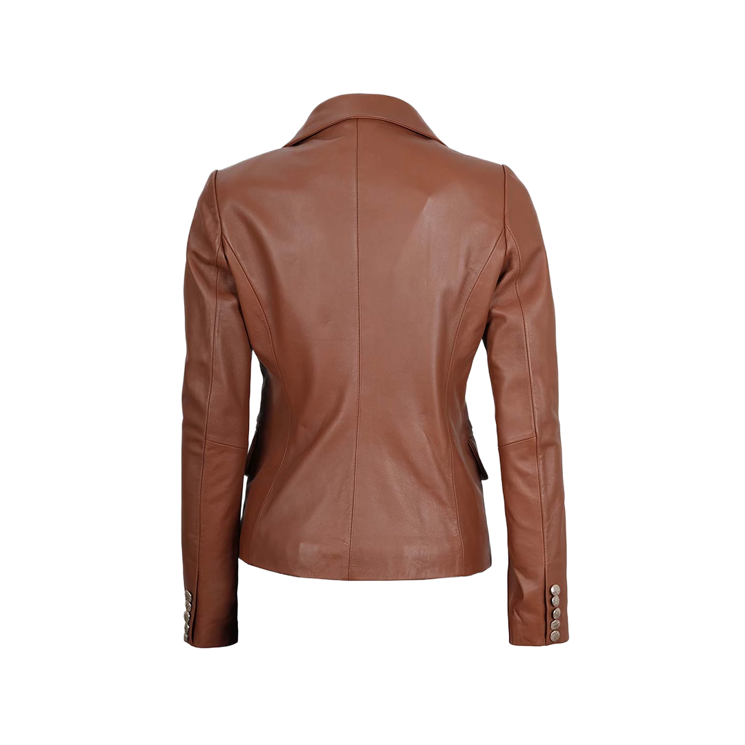 Kinley Women's Double Breasted Brown Leather Blazer Jacket