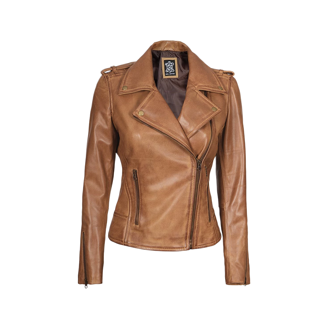 Kirsten Women's Asymmetrical Camel Brown Real Leather Jacket