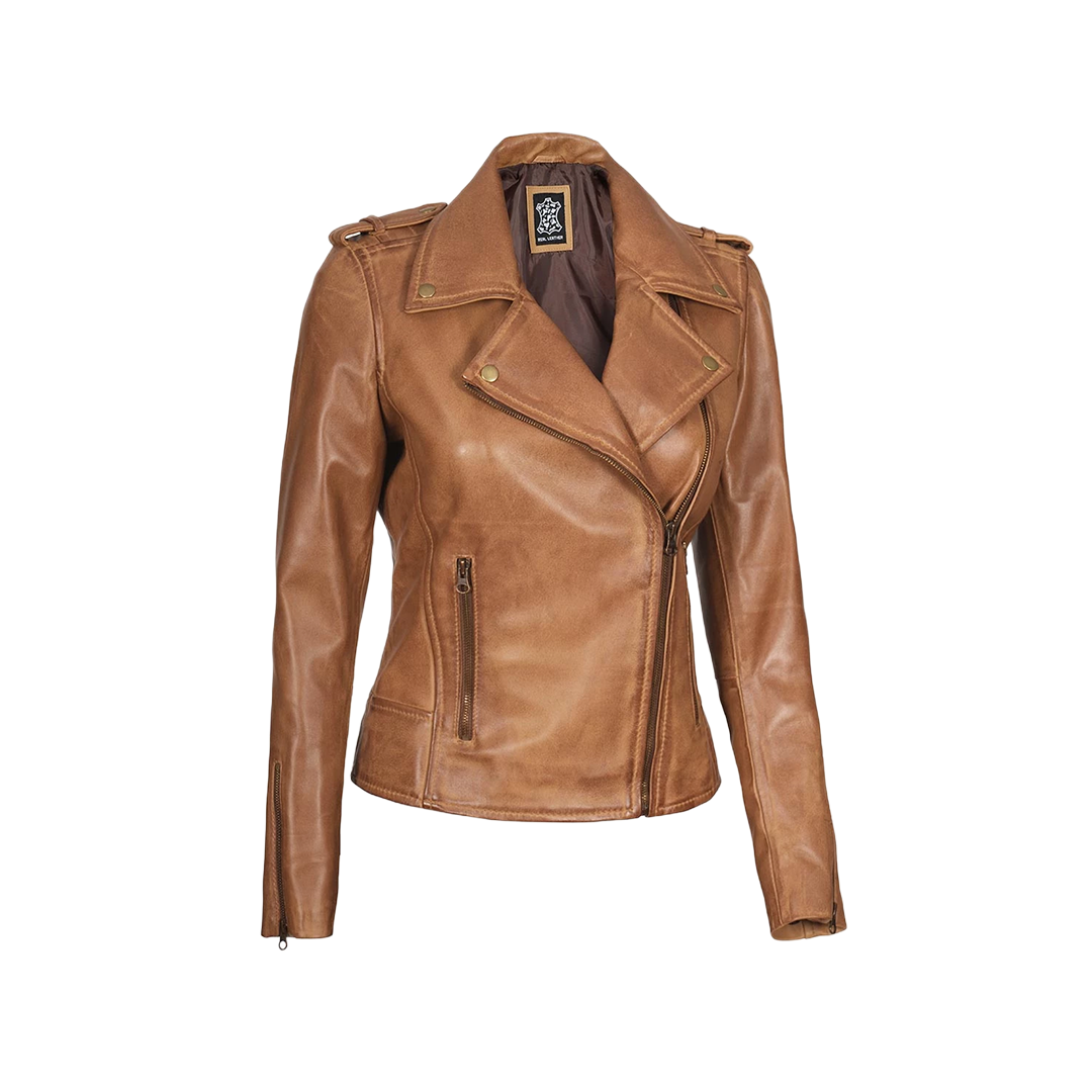 Kirsten Women's Asymmetrical Camel Brown Real Leather Jacket
