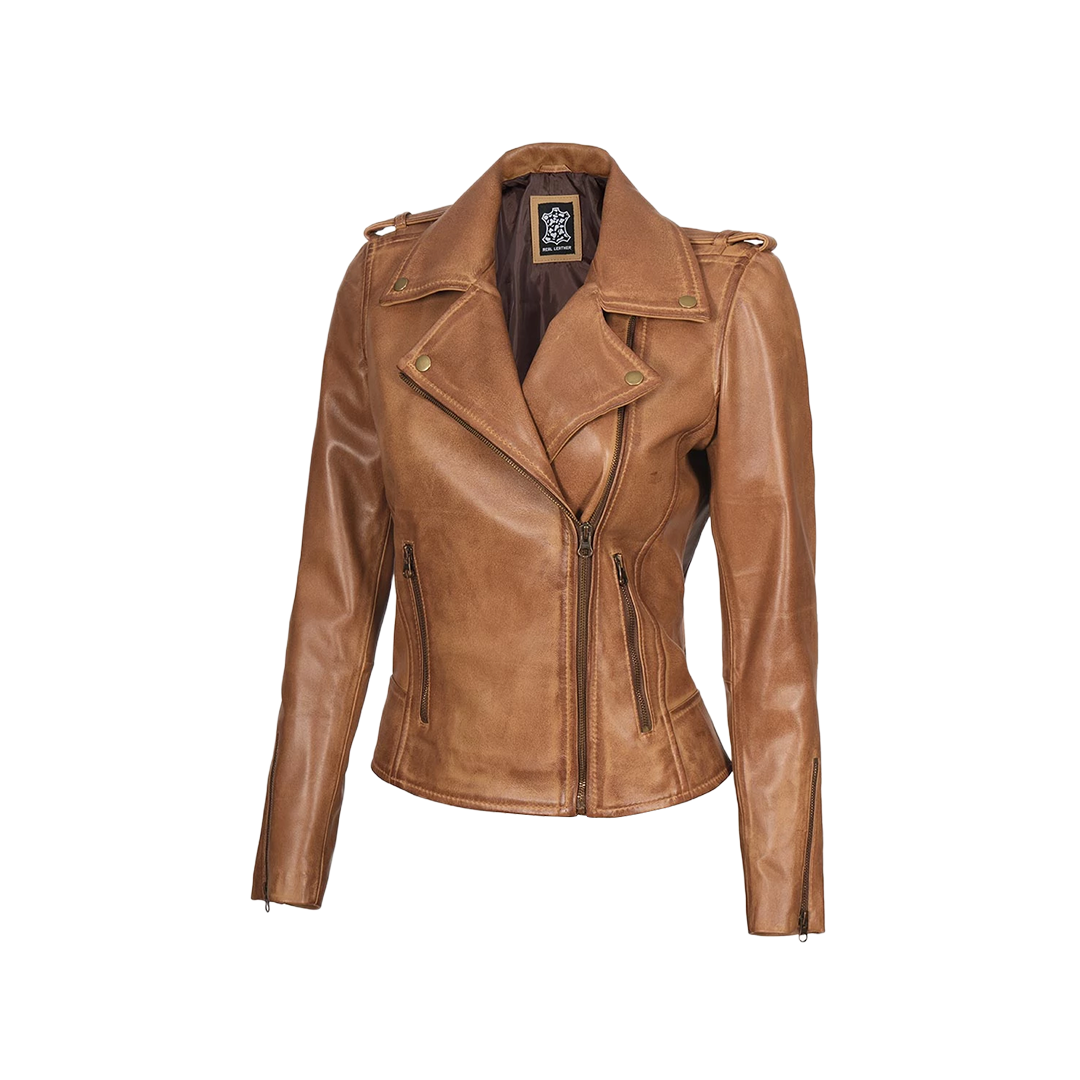 Kirsten Women's Asymmetrical Camel Brown Real Leather Jacket