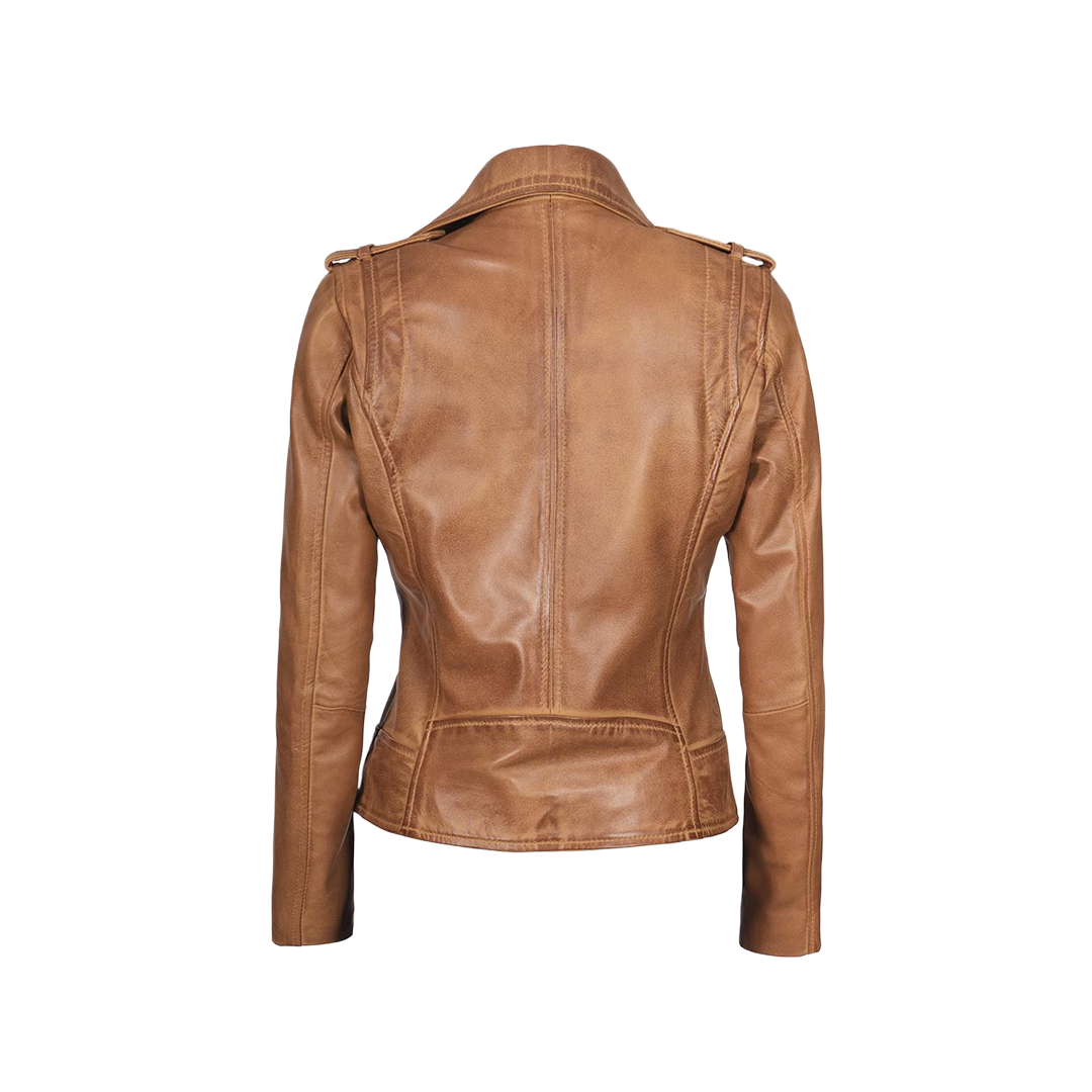 Kirsten Women's Asymmetrical Camel Brown Real Leather Jacket