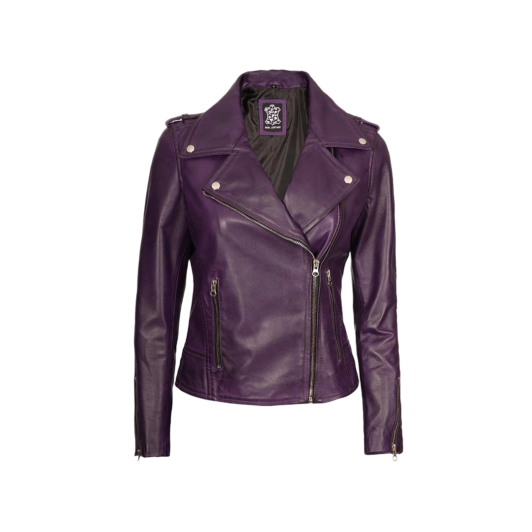 Kirsten Women's Purple Asymmetrical Moto Style Leather Jacket