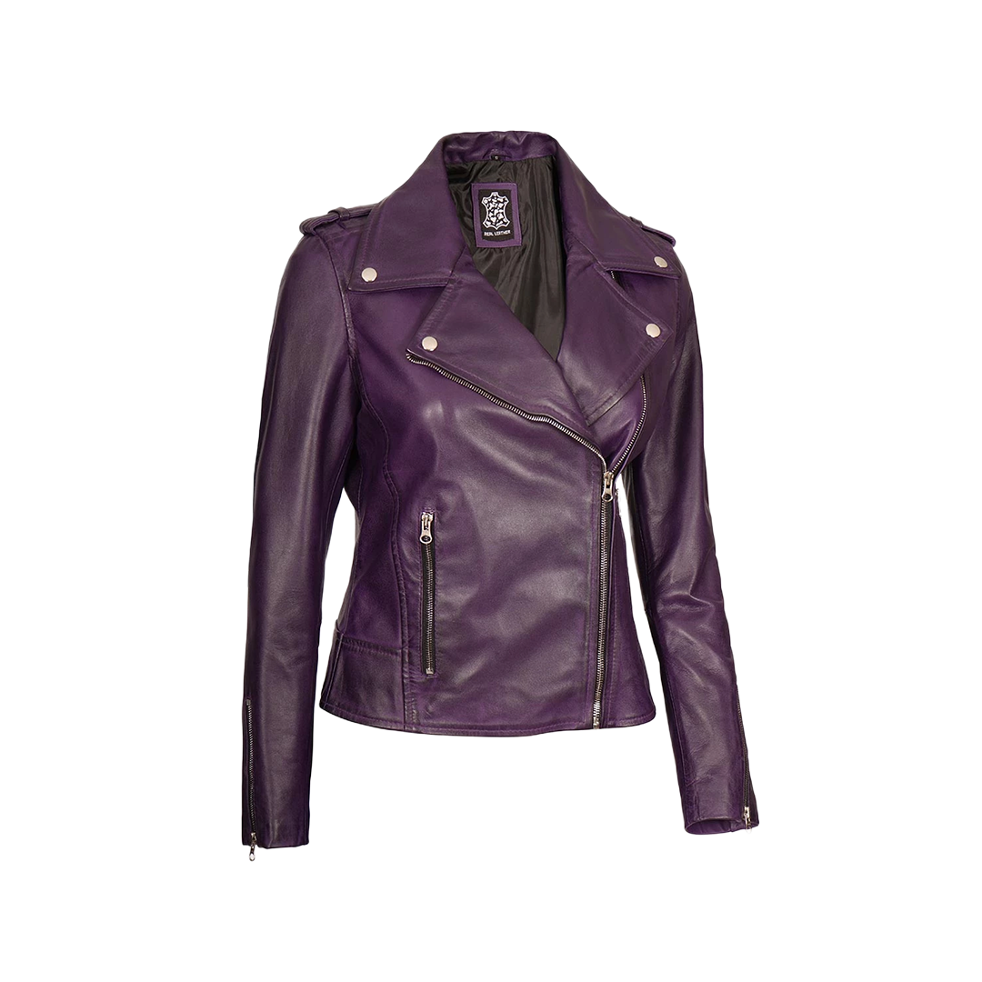 Kirsten Women's Purple Asymmetrical Moto Style Leather Jacket