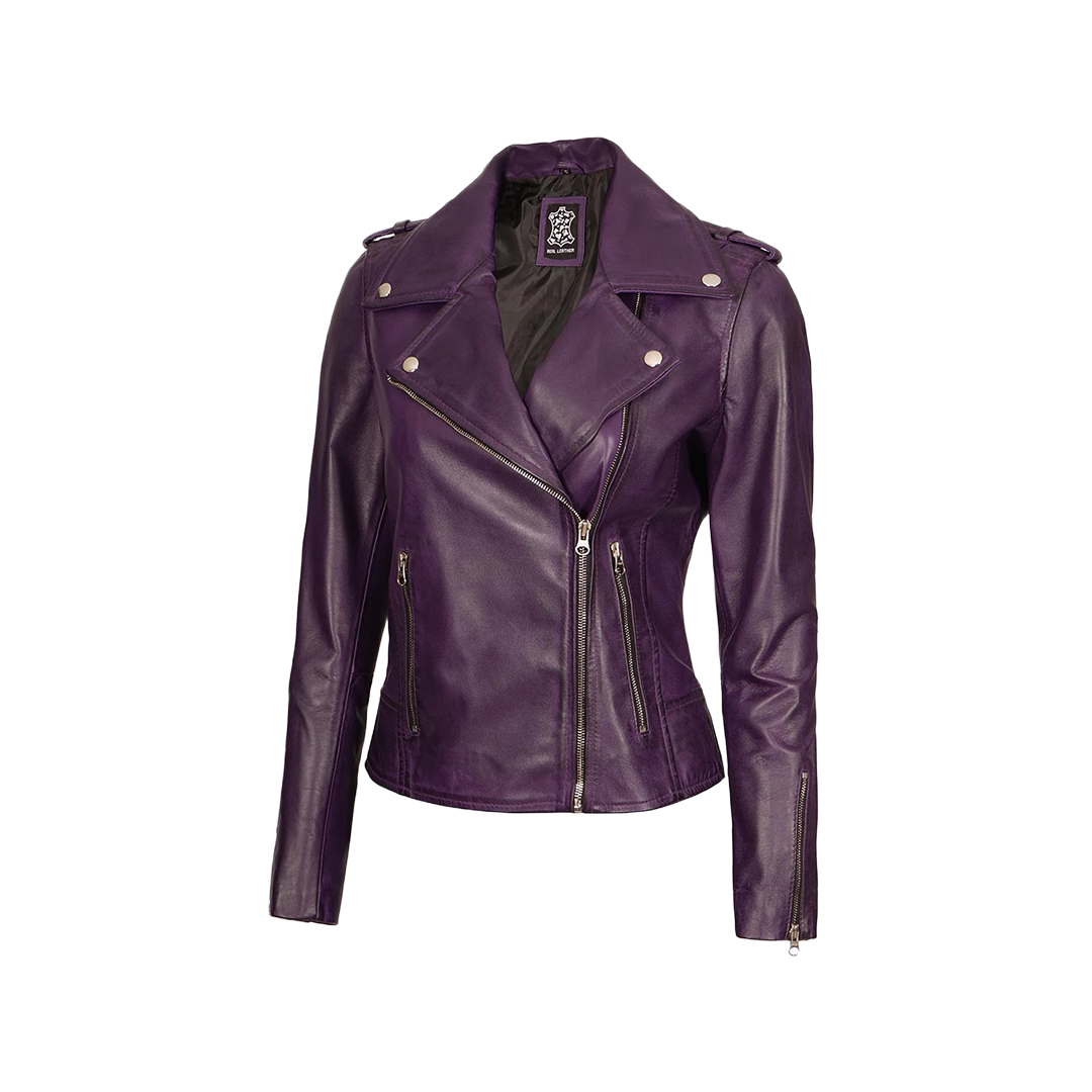 Kirsten Women's Purple Asymmetrical Moto Style Leather Jacket