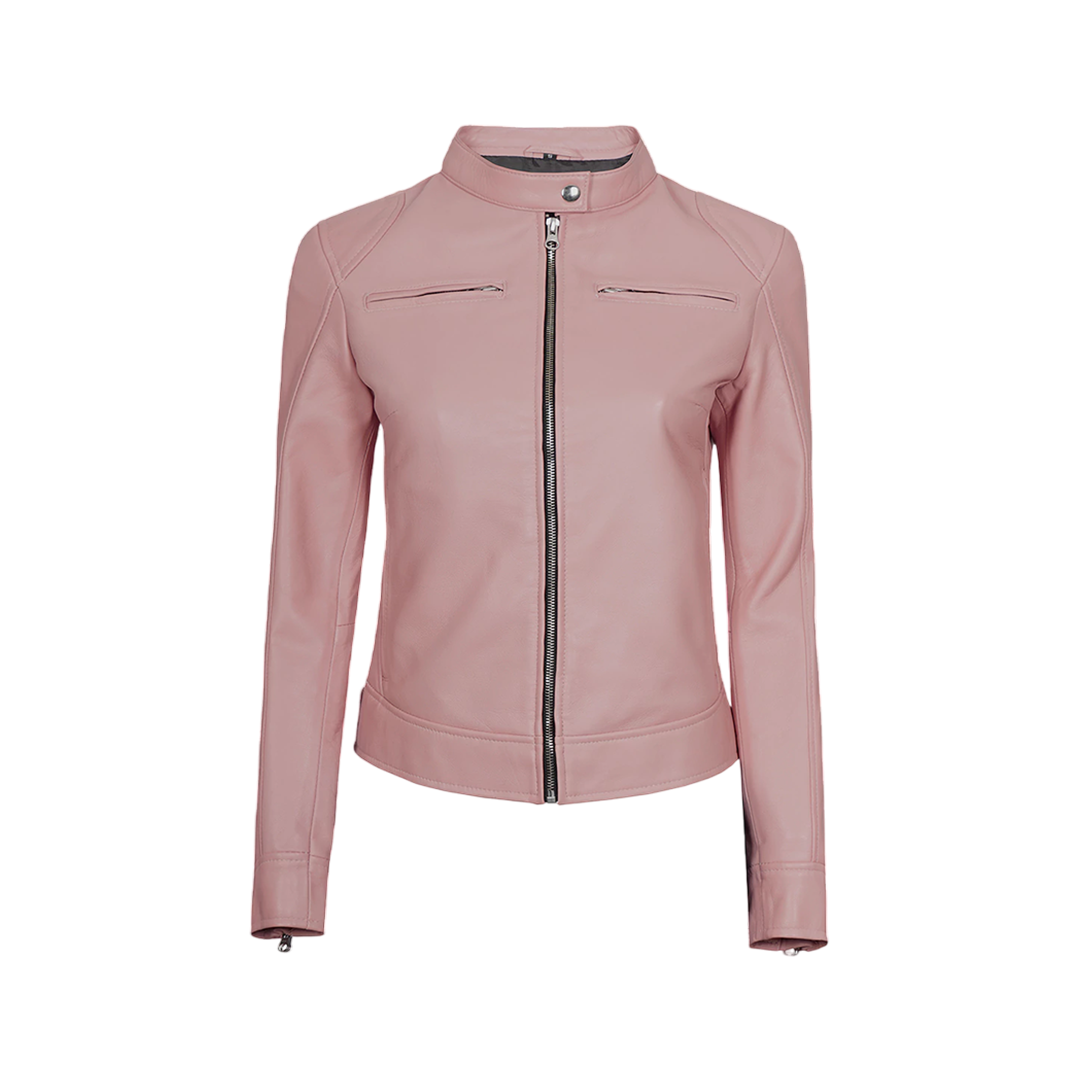 Light Pink Women's Motorcycle Cafe Racer Leather Jacket