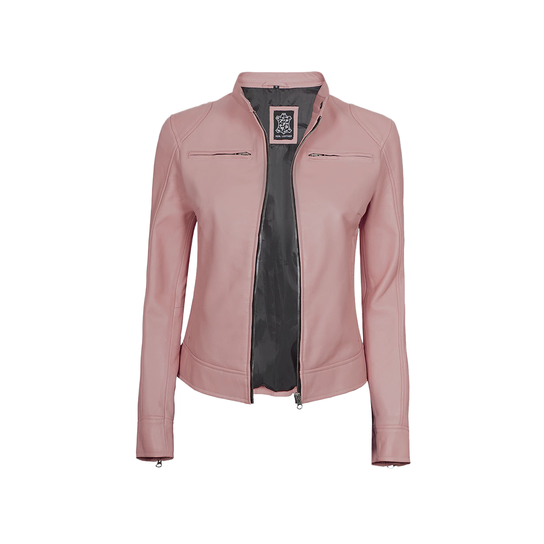 Light Pink Women's Motorcycle Cafe Racer Leather Jacket