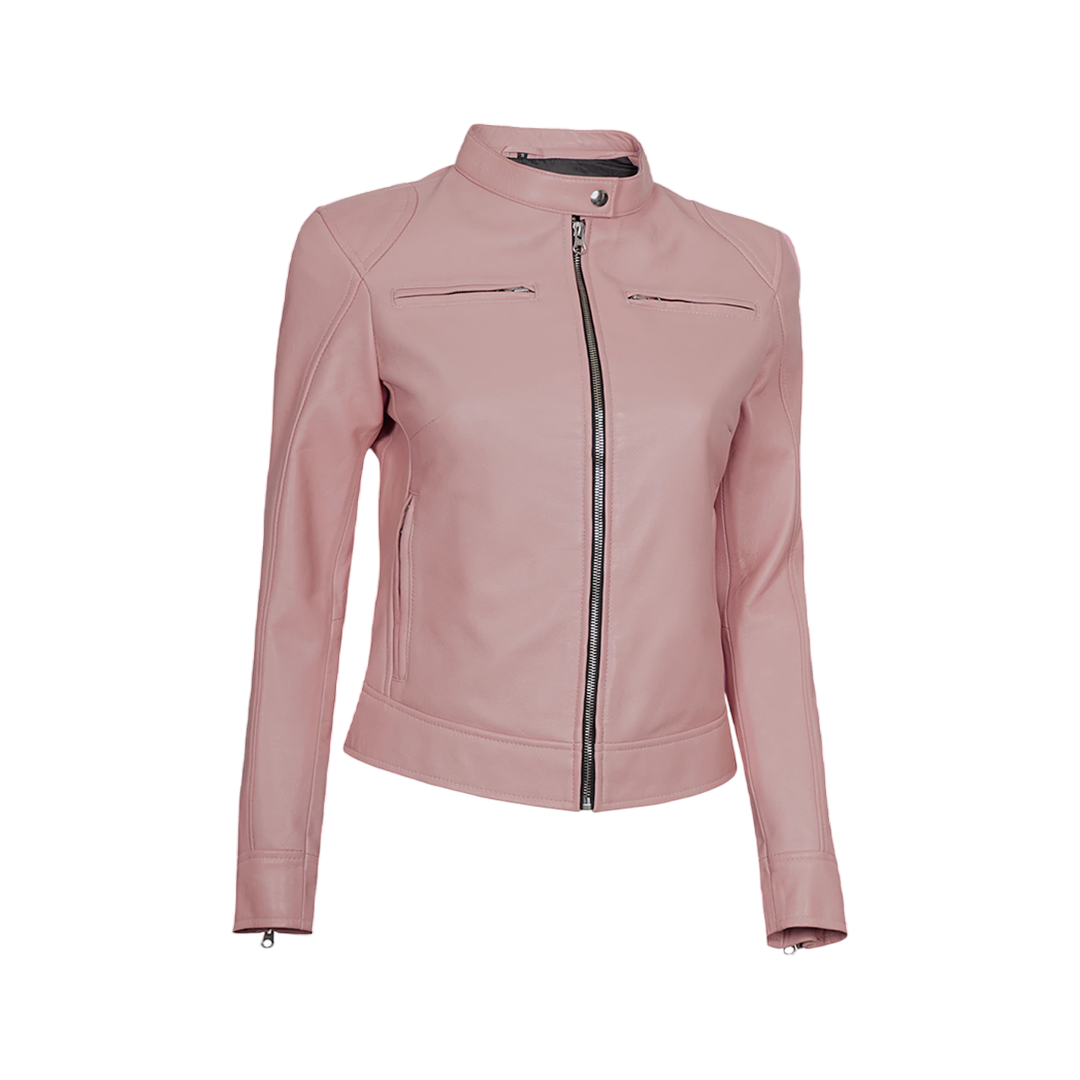Light Pink Women's Motorcycle Cafe Racer Leather Jacket