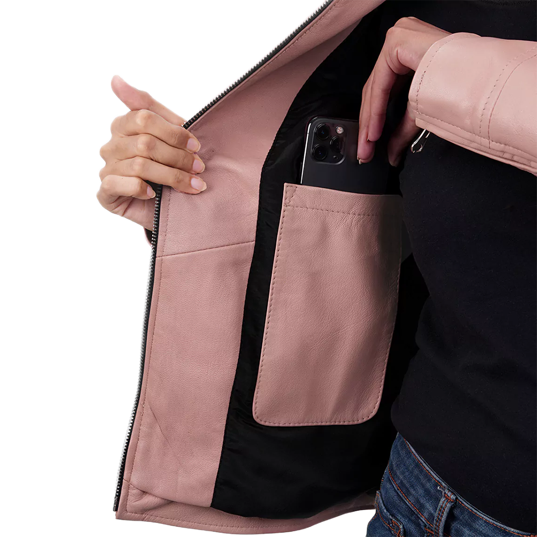 Light Pink Women's Motorcycle Cafe Racer Leather Jacket