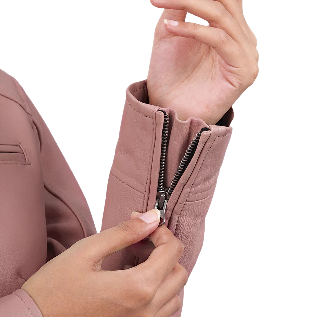 Light Pink Women's Motorcycle Cafe Racer Leather Jacket