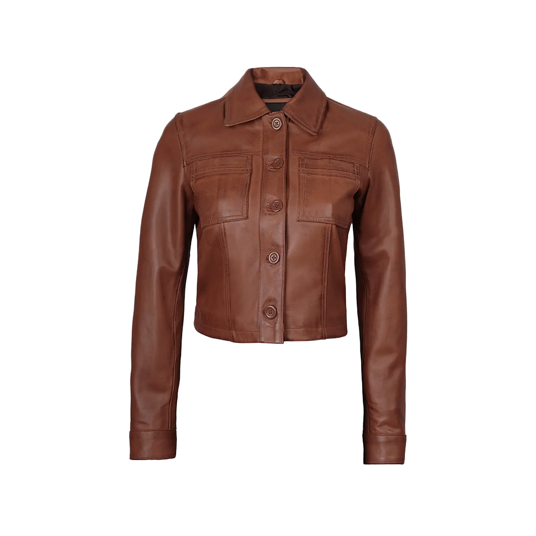 Mable Women’s Cognac Brown Cropped Harrington Leather Jacket
