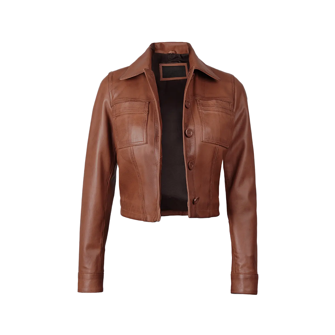 Mable Women’s Cognac Brown Cropped Harrington Leather Jacket