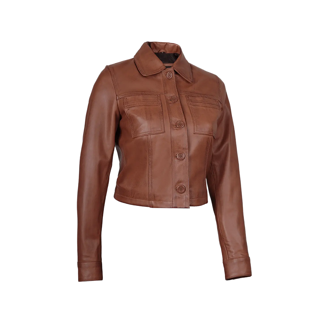Mable Women’s Cognac Brown Cropped Harrington Leather Jacket
