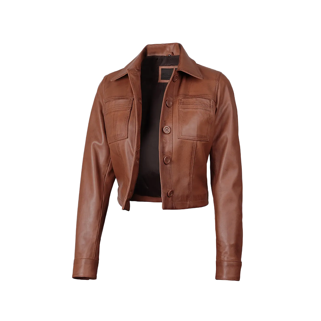Mable Women’s Cognac Brown Cropped Harrington Leather Jacket