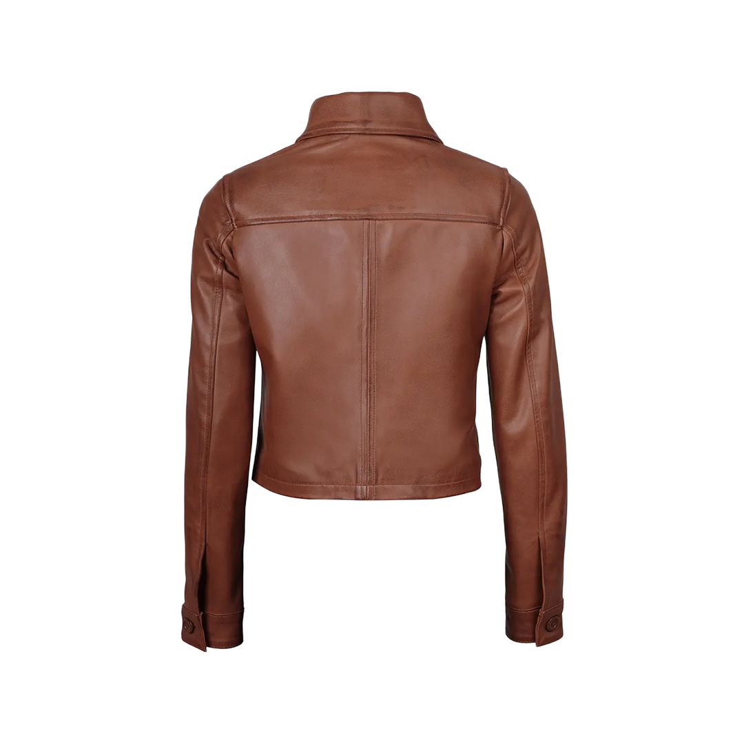 Mable Women’s Cognac Brown Cropped Harrington Leather Jacket