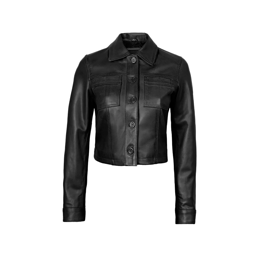 Mable Women's Black Cropped Harrington Leather Jacket