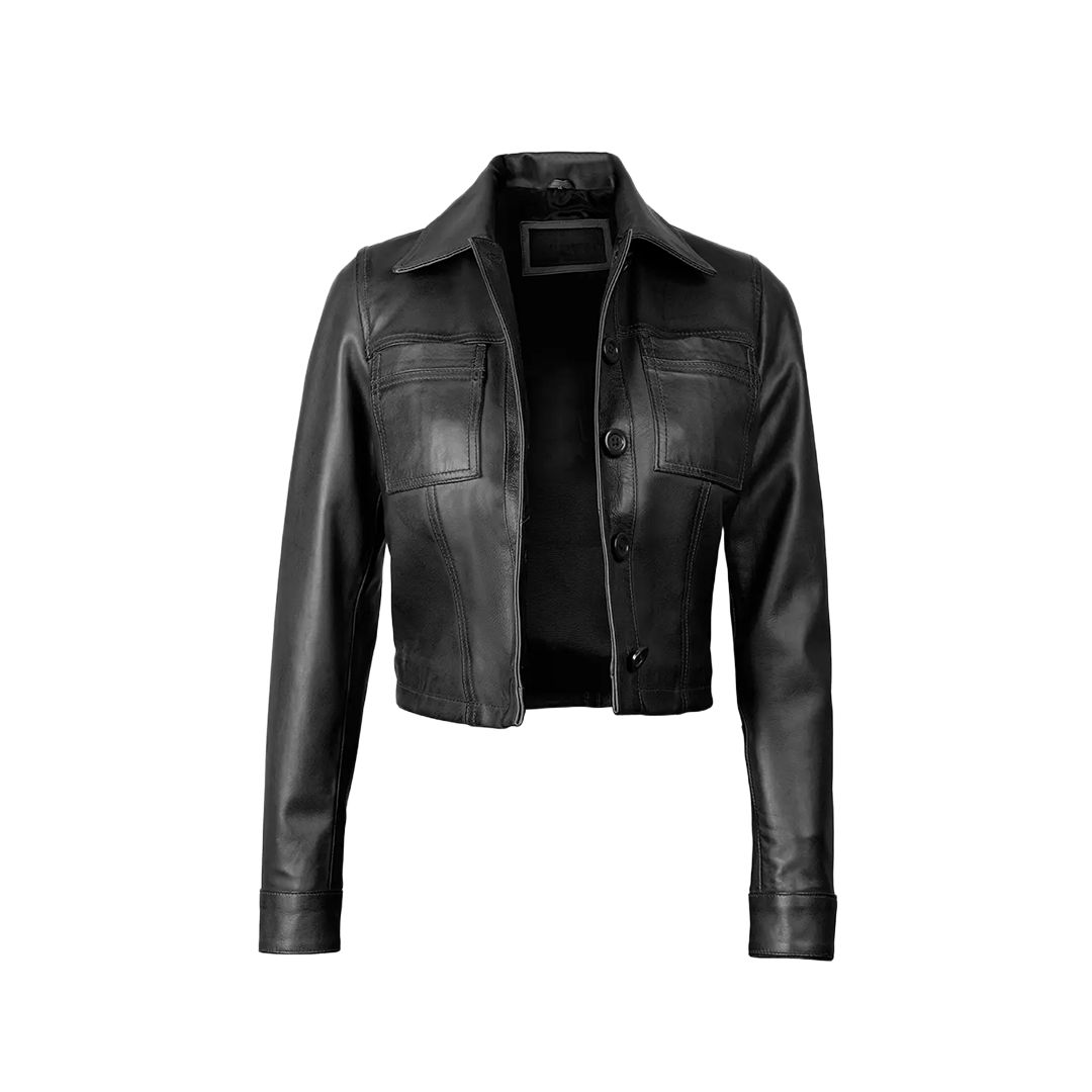 Mable Women's Black Cropped Harrington Leather Jacket