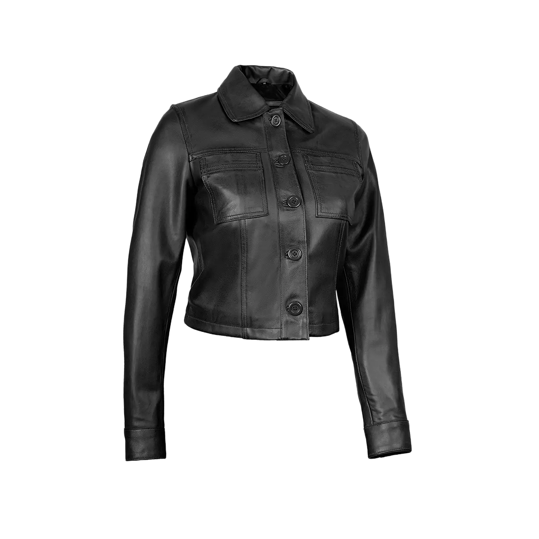 Mable Women's Black Cropped Harrington Leather Jacket
