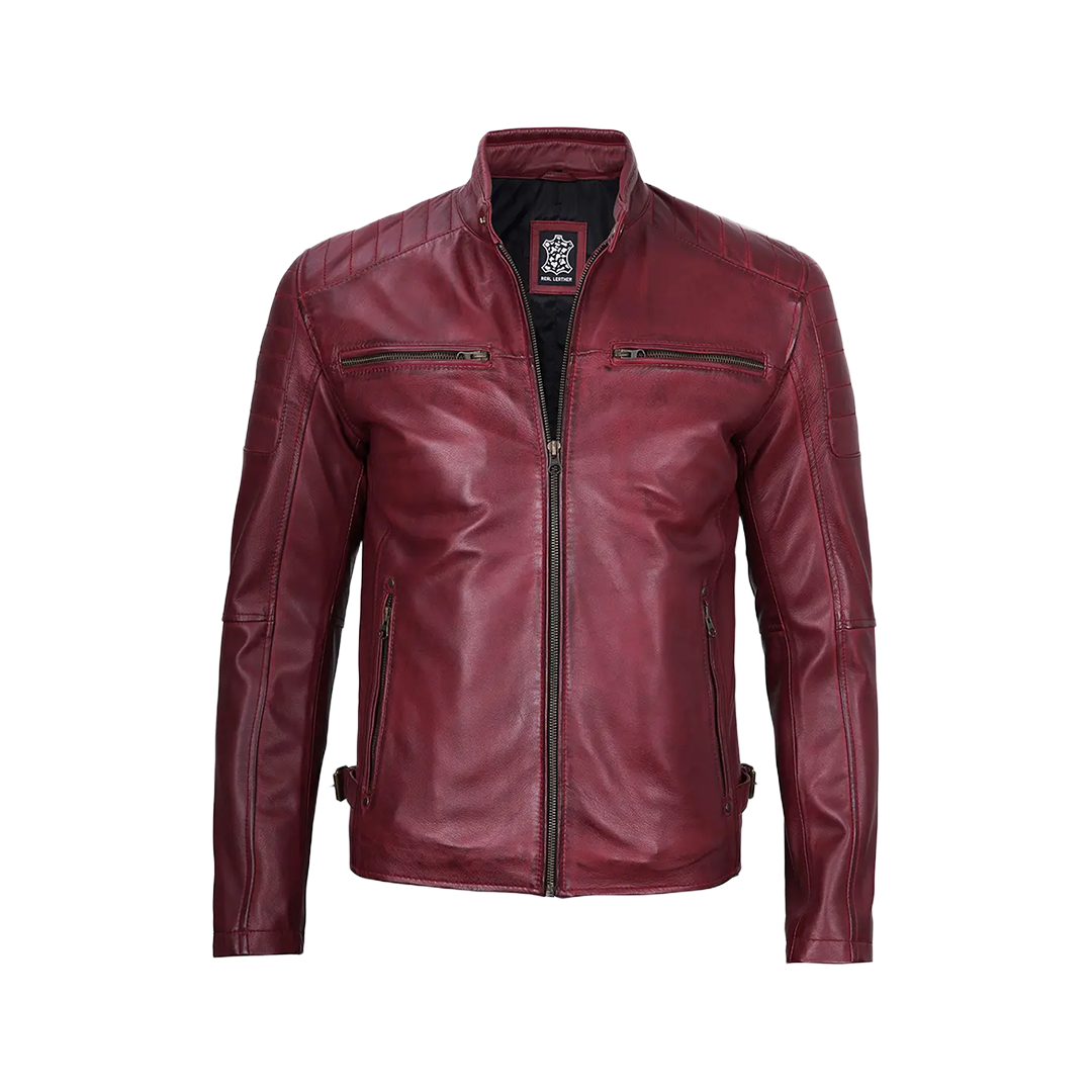 Burgundy Cafe Racer Real Leather Jacket for Men