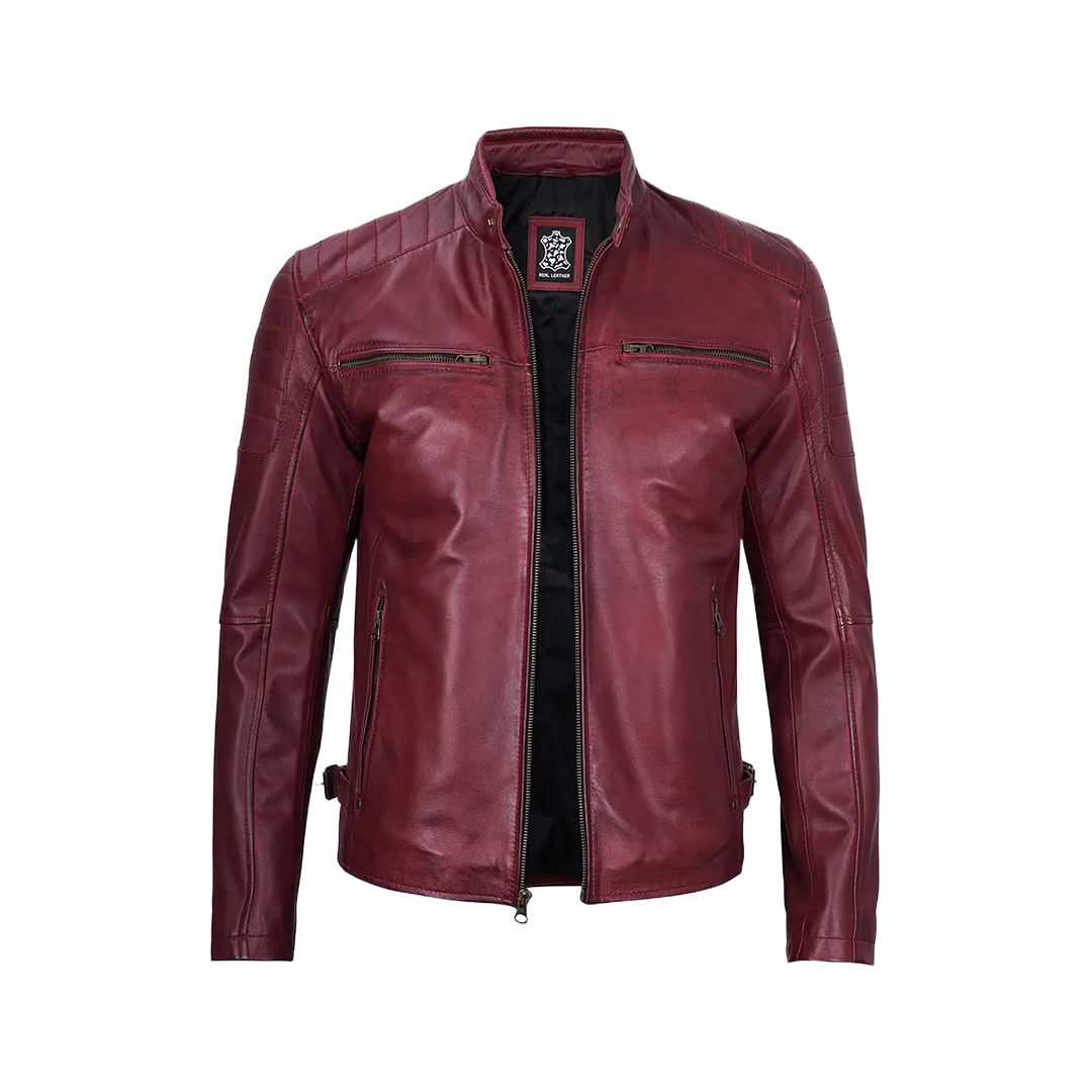 Burgundy Cafe Racer Real Leather Jacket for Men