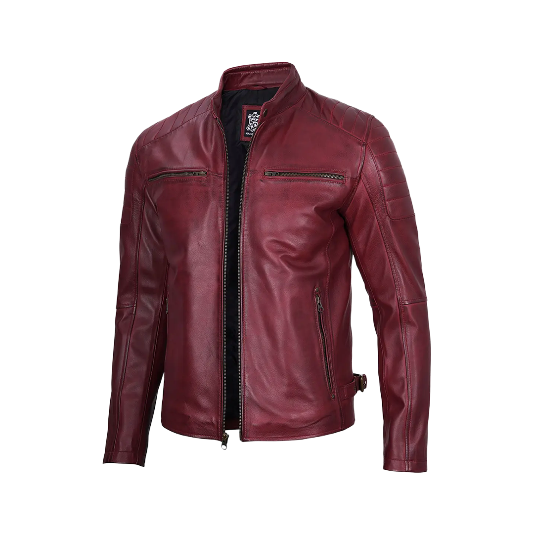 Burgundy Cafe Racer Real Leather Jacket for Men