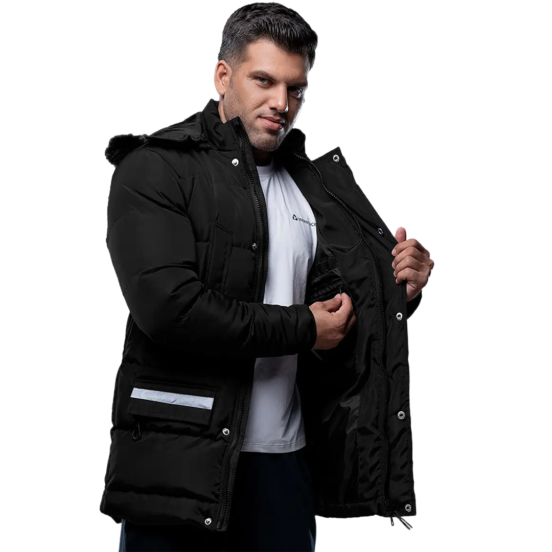 Melvin Mens Black 3/4 Length Puffer Jacket With Faux Fur Trim Hood