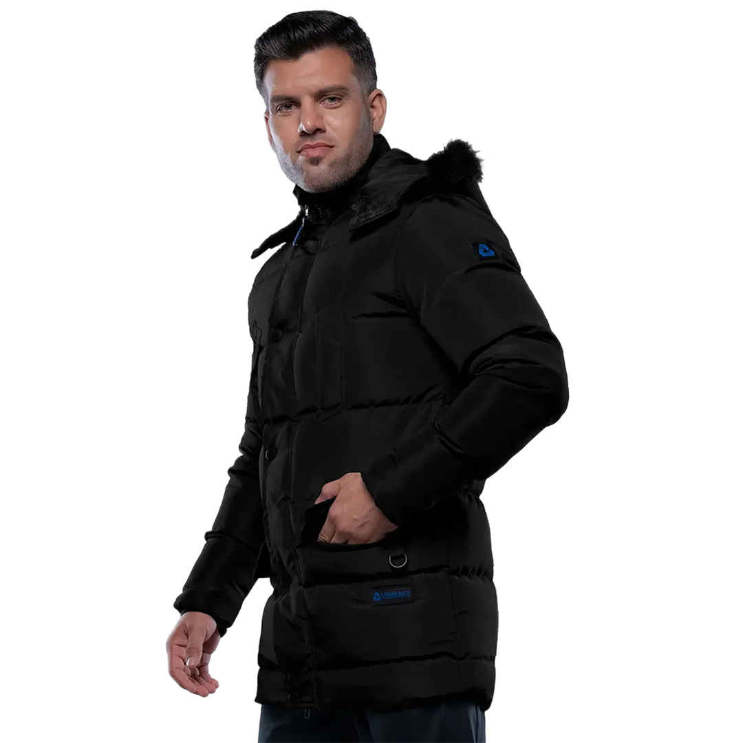 Melvin Mens Black 3/4 Length Puffer Jacket With Faux Fur Trim Hood