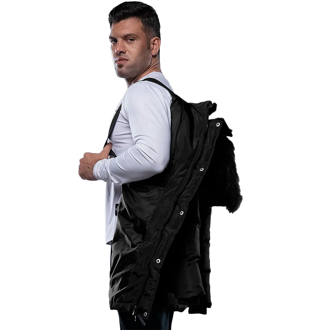 Melvin Mens Black 3/4 Length Puffer Jacket With Faux Fur Trim Hood