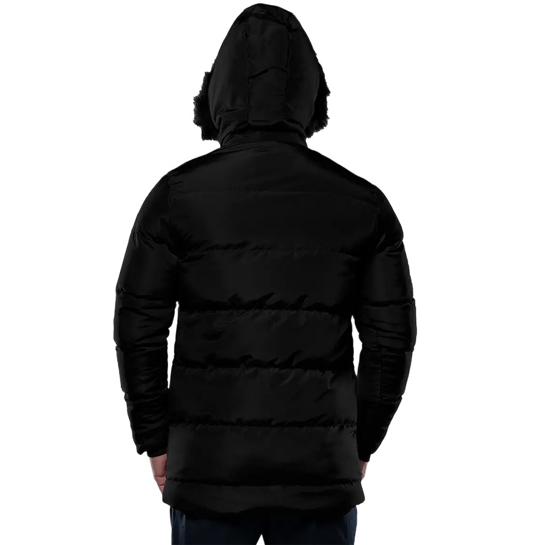 Melvin Mens Black 3/4 Length Puffer Jacket With Faux Fur Trim Hood
