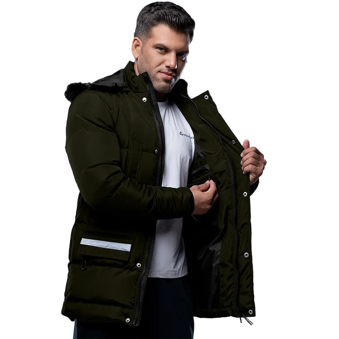 Melvin Mens Green 3/4 Length Puffer Jacket With Faux Fur Trim Hood