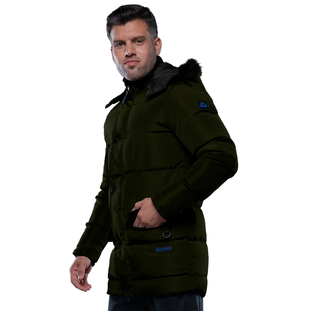 Melvin Mens Green 3/4 Length Puffer Jacket With Faux Fur Trim Hood