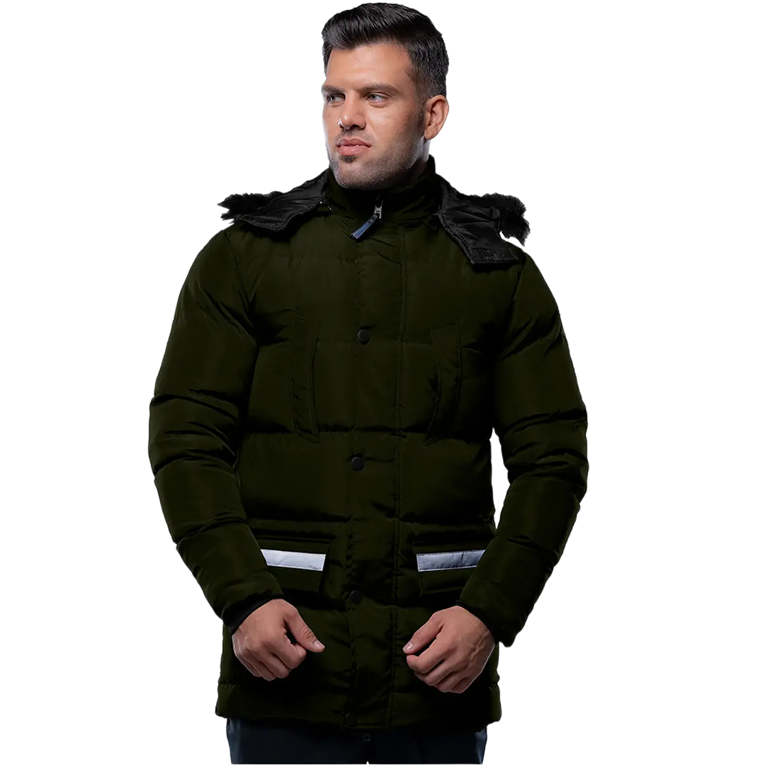 Melvin Mens Green 3/4 Length Puffer Jacket With Faux Fur Trim Hood