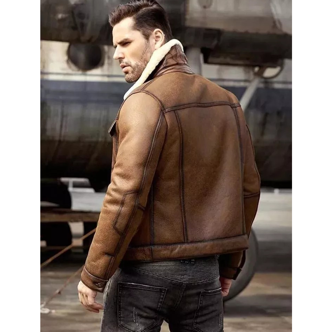 Men Aviator Brown RAF B3 Flying Pilot Bomber Shearling Fur Real Leather Jacket